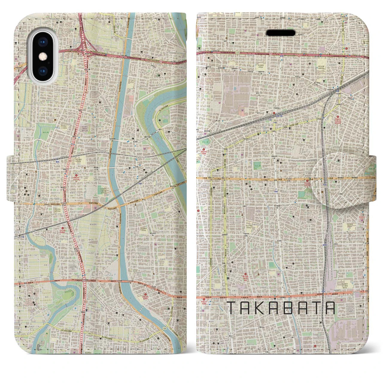 【高畑】地図柄iPhoneケース（手帳両面タイプ・ナチュラル）iPhone XS Max 用