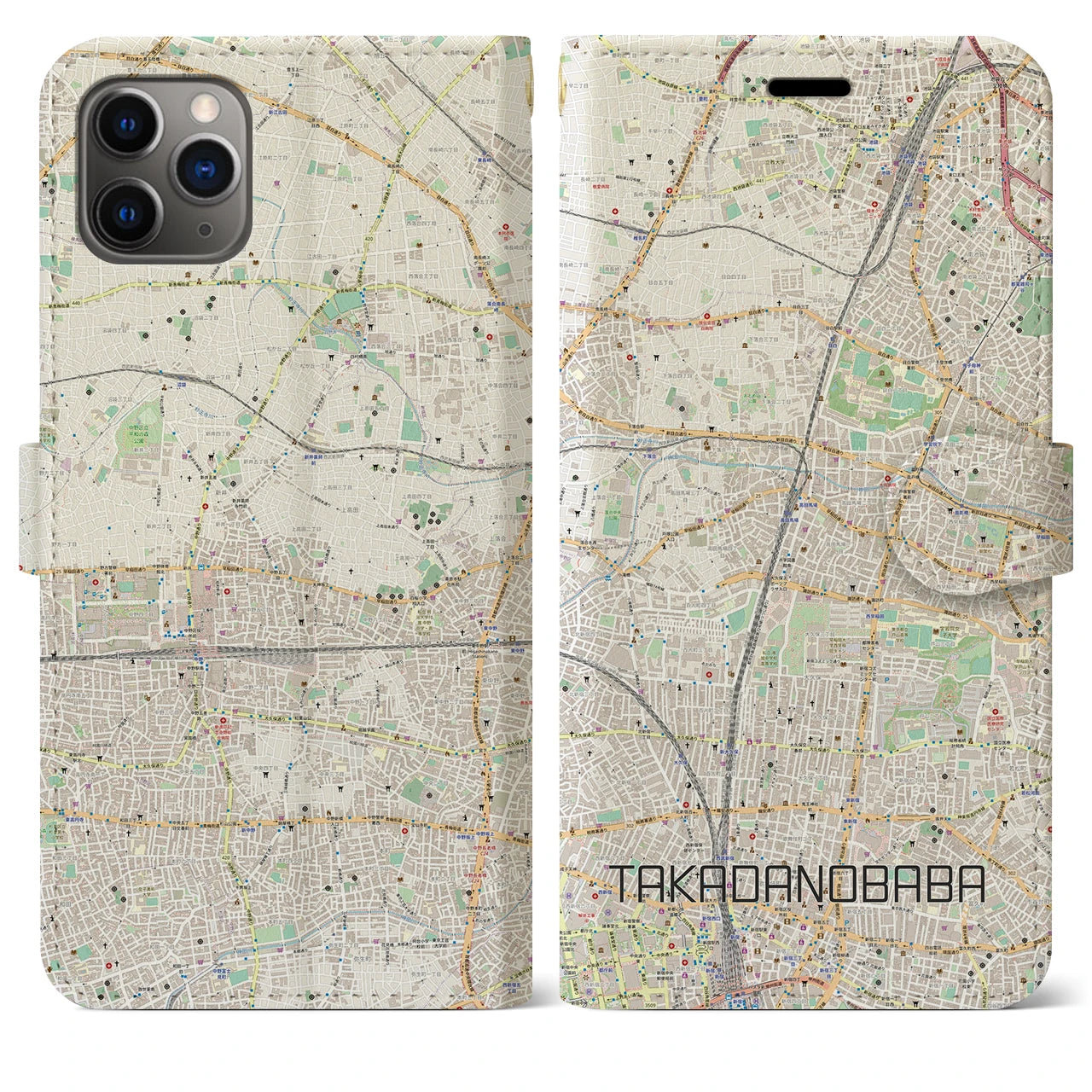 【高田馬場】地図柄iPhoneケース（手帳両面タイプ・ナチュラル）iPhone 11 Pro Max 用