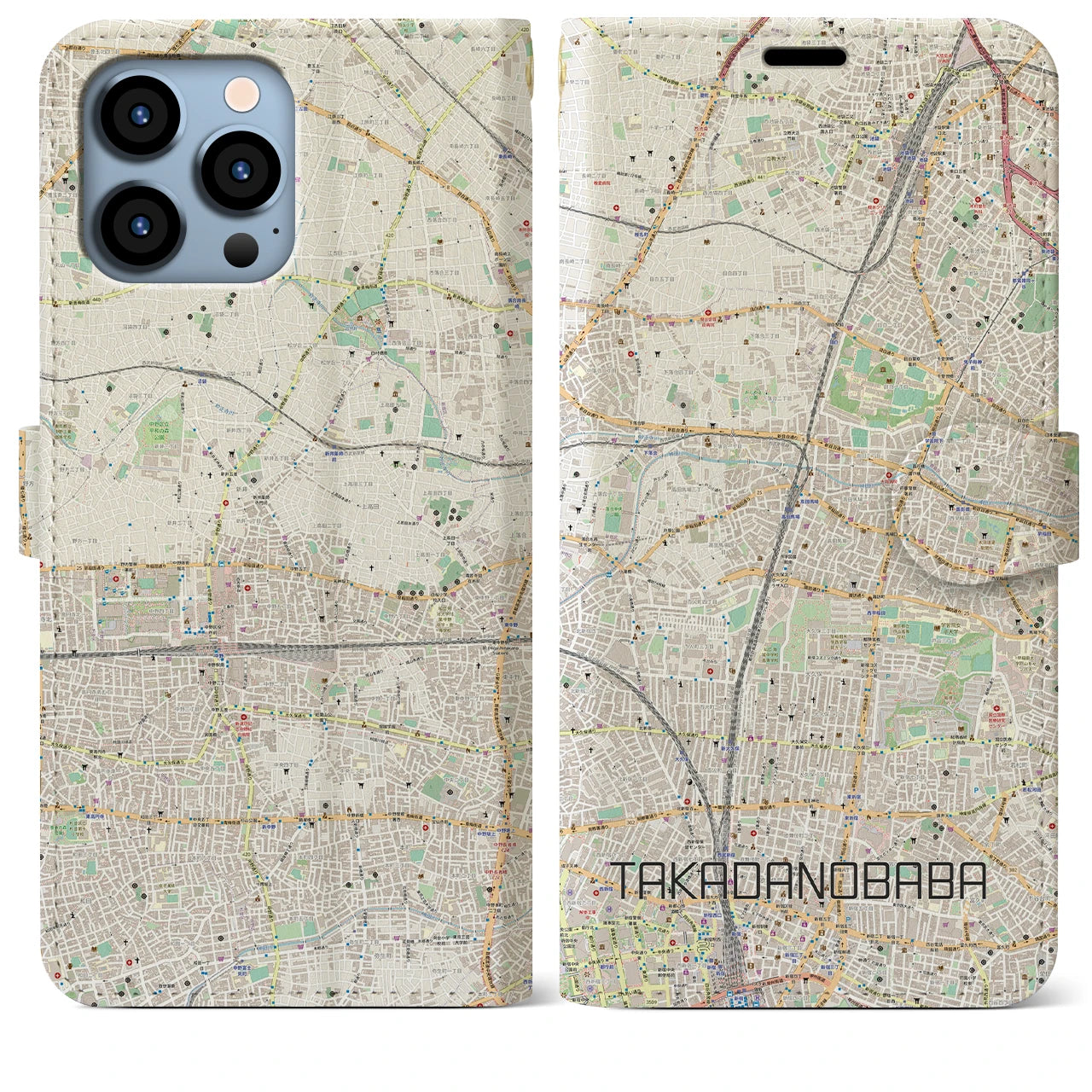 【高田馬場】地図柄iPhoneケース（手帳両面タイプ・ナチュラル）iPhone 13 Pro Max 用
