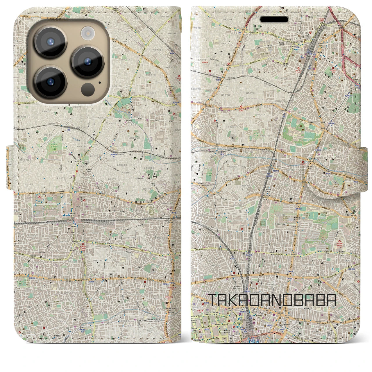 【高田馬場】地図柄iPhoneケース（手帳両面タイプ・ナチュラル）iPhone 14 Pro Max 用