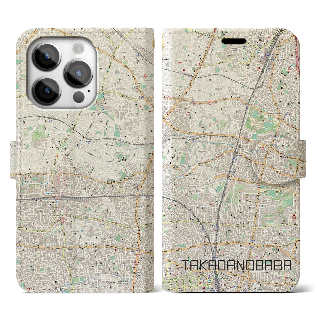 【高田馬場】地図柄iPhoneケース（手帳両面タイプ・ナチュラル）iPhone 14 Pro 用