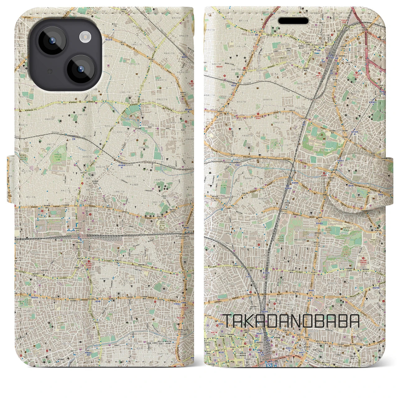 【高田馬場】地図柄iPhoneケース（手帳両面タイプ・ナチュラル）iPhone 14 Plus 用