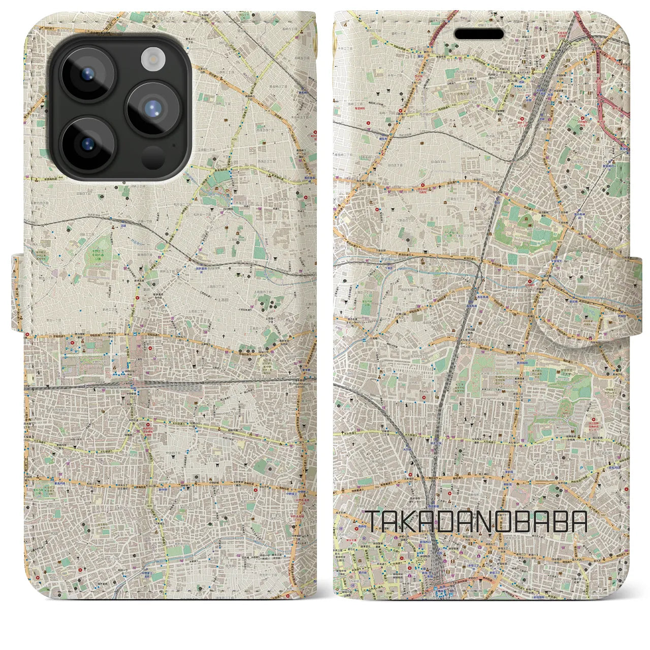 【高田馬場】地図柄iPhoneケース（手帳両面タイプ・ナチュラル）iPhone 15 Pro Max 用