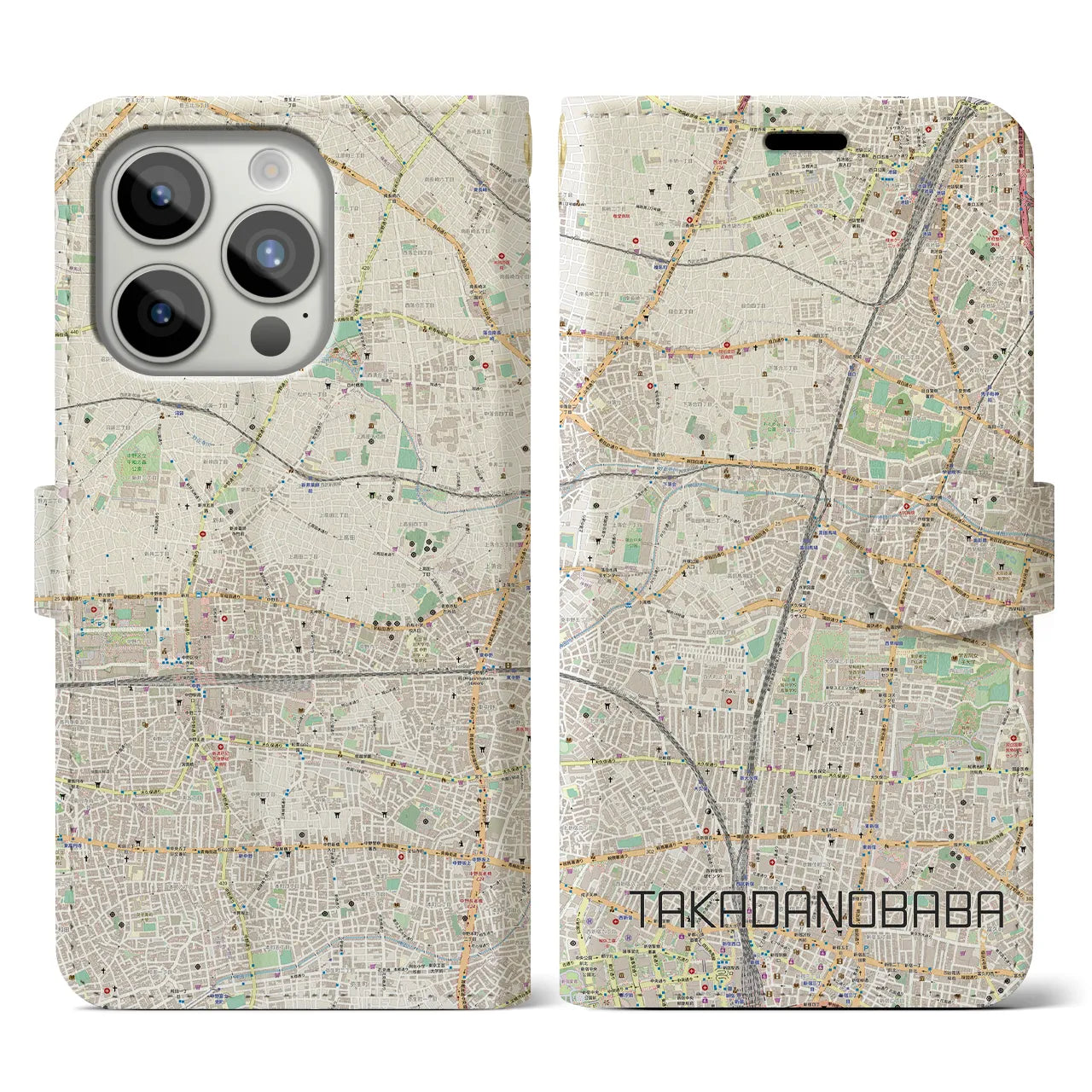 【高田馬場】地図柄iPhoneケース（手帳両面タイプ・ナチュラル）iPhone 15 Pro 用