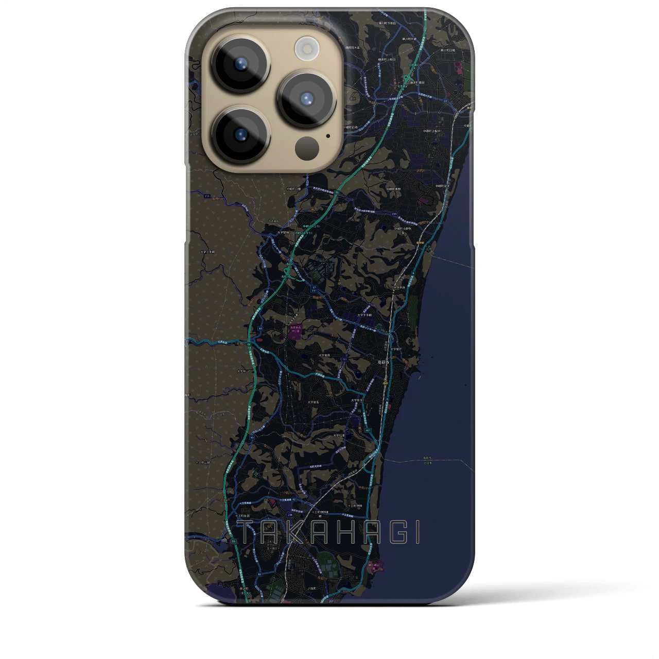 【高萩】地図柄iPhoneケース（バックカバータイプ・ブラック）iPhone 14 Pro Max 用
