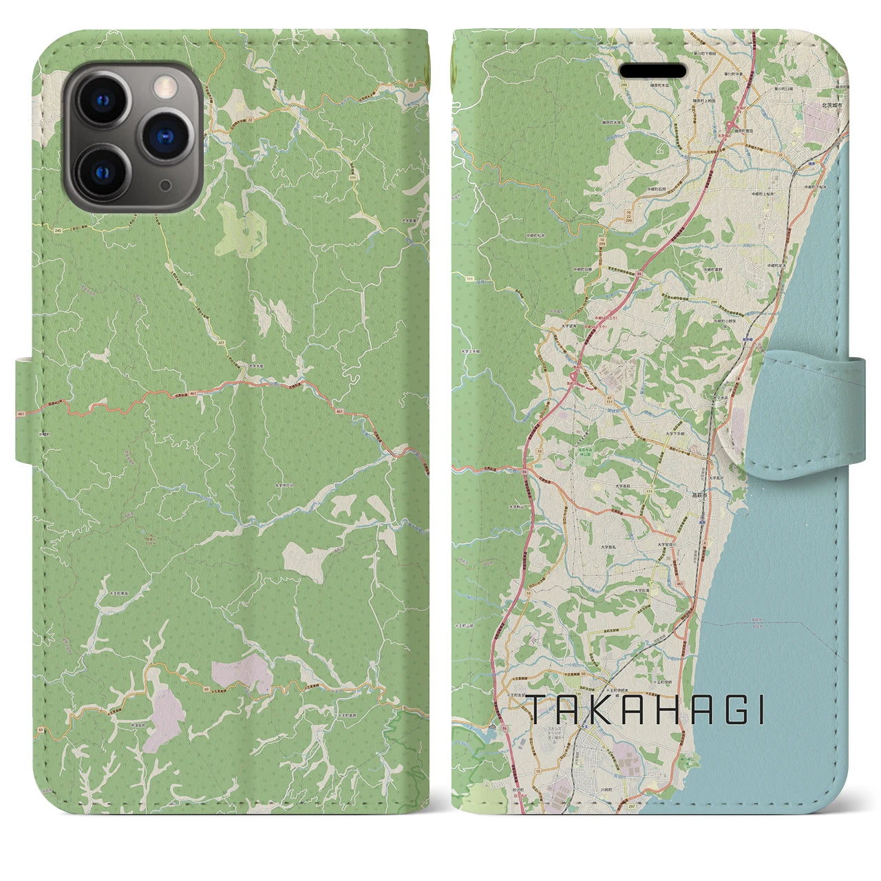 【高萩】地図柄iPhoneケース（手帳両面タイプ・ナチュラル）iPhone 11 Pro Max 用
