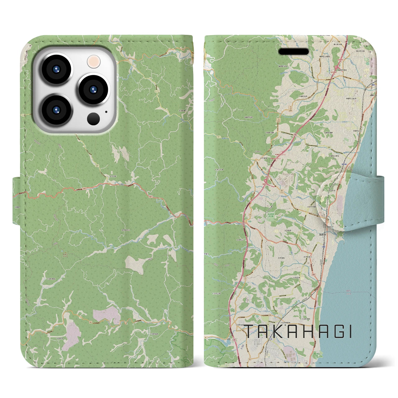【高萩】地図柄iPhoneケース（手帳両面タイプ・ナチュラル）iPhone 13 Pro 用