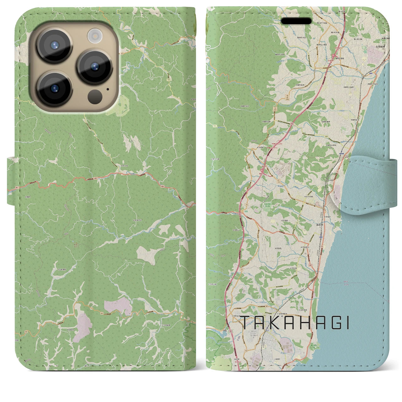 【高萩】地図柄iPhoneケース（手帳両面タイプ・ナチュラル）iPhone 14 Pro Max 用