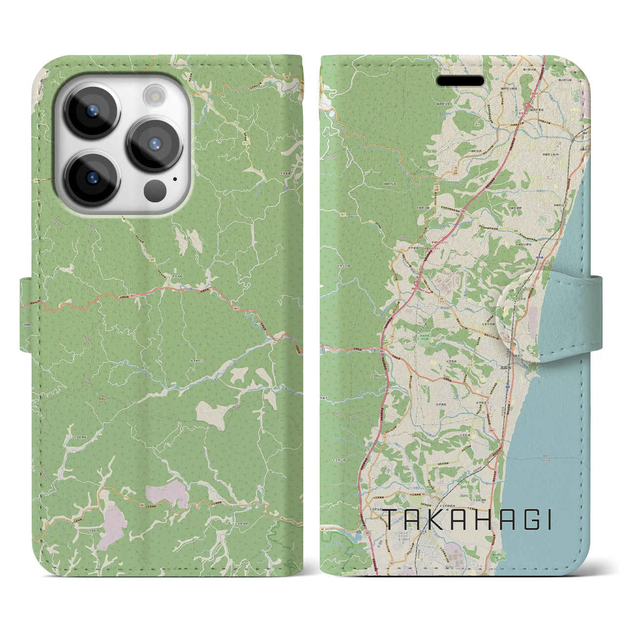 【高萩】地図柄iPhoneケース（手帳両面タイプ・ナチュラル）iPhone 14 Pro 用