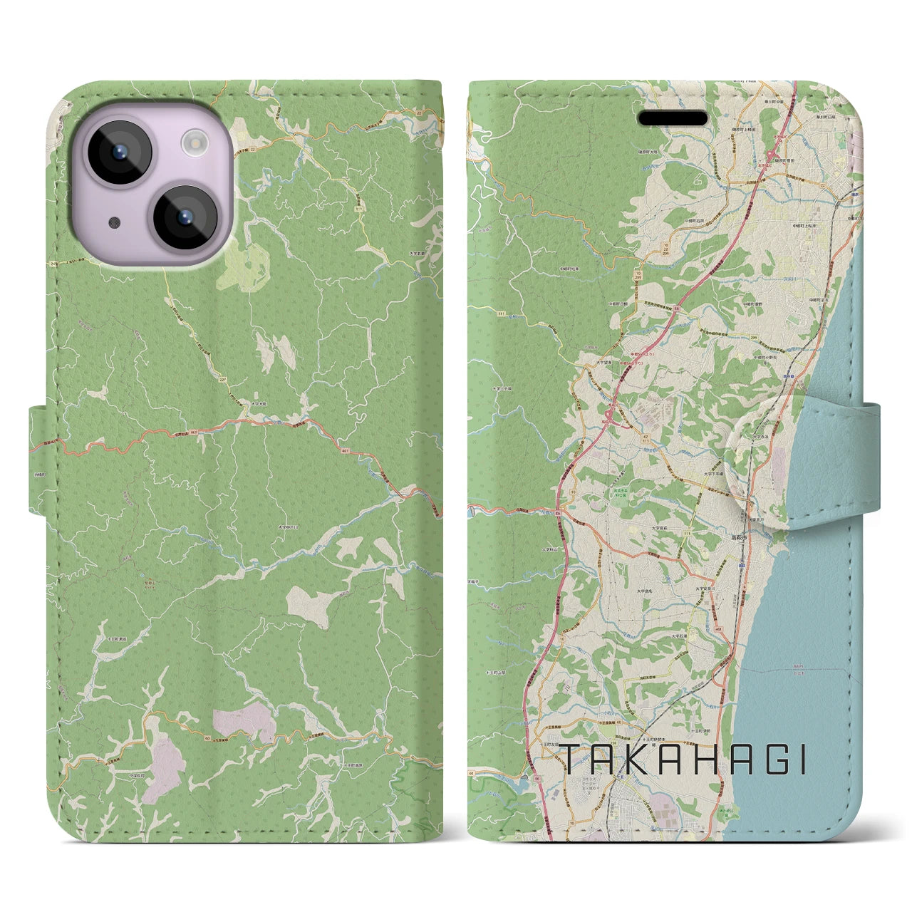 【高萩】地図柄iPhoneケース（手帳両面タイプ・ナチュラル）iPhone 14 用