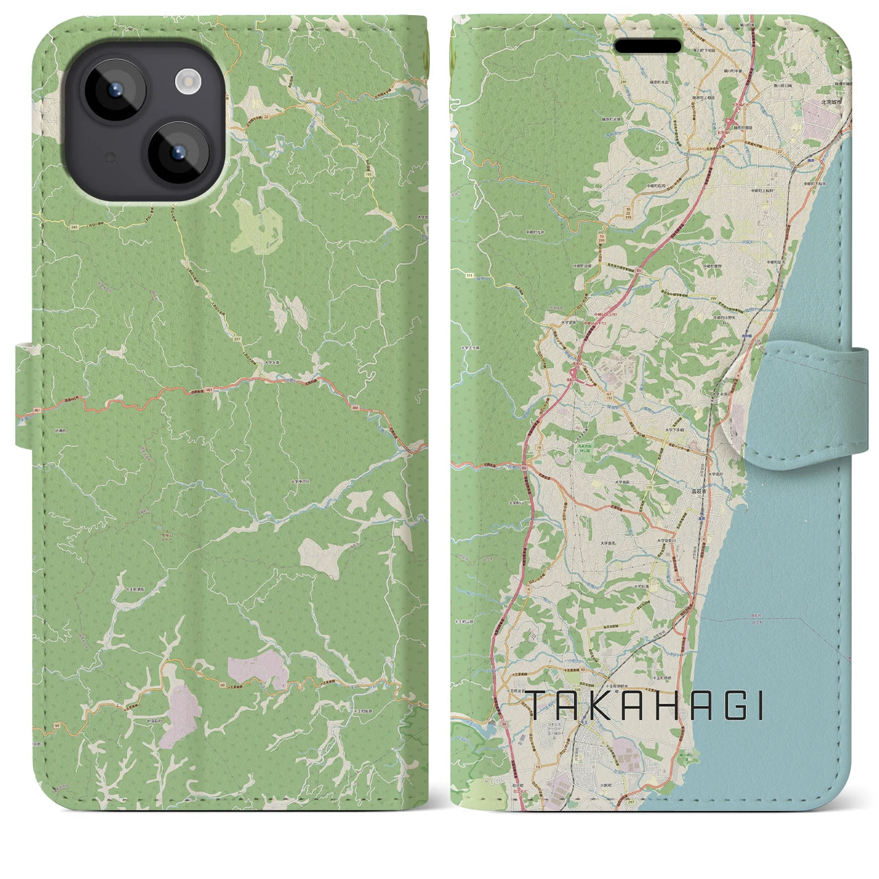 【高萩】地図柄iPhoneケース（手帳両面タイプ・ナチュラル）iPhone 14 Plus 用
