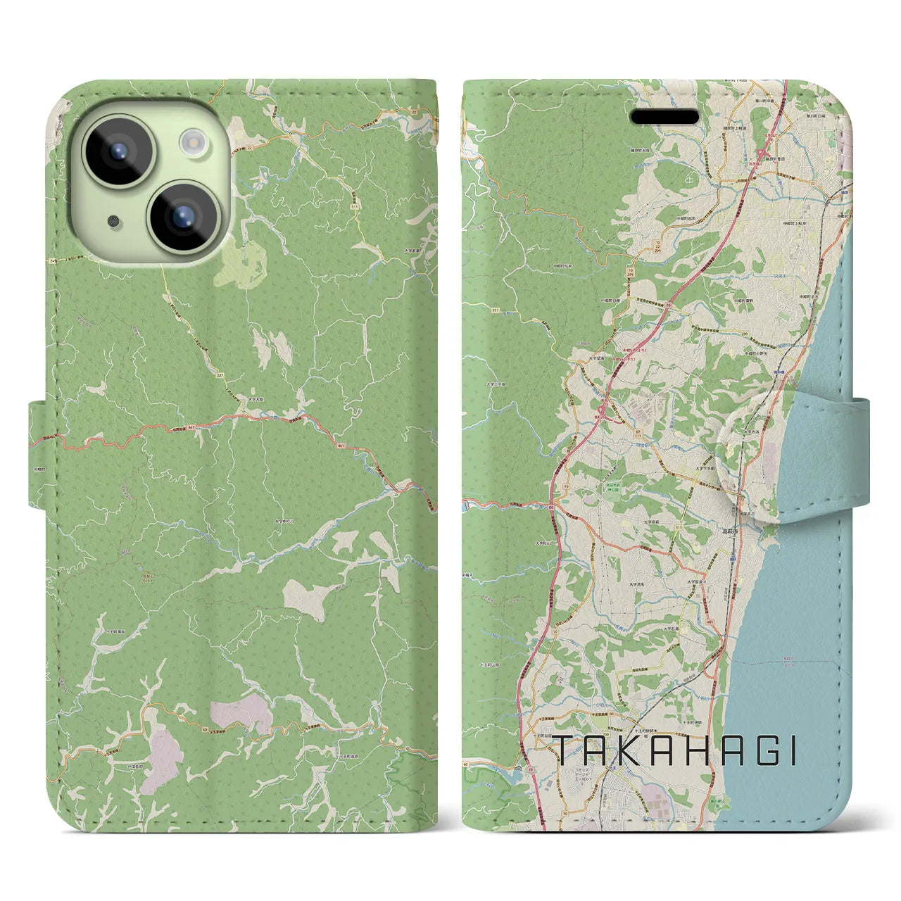 【高萩】地図柄iPhoneケース（手帳両面タイプ・ナチュラル）iPhone 15 用