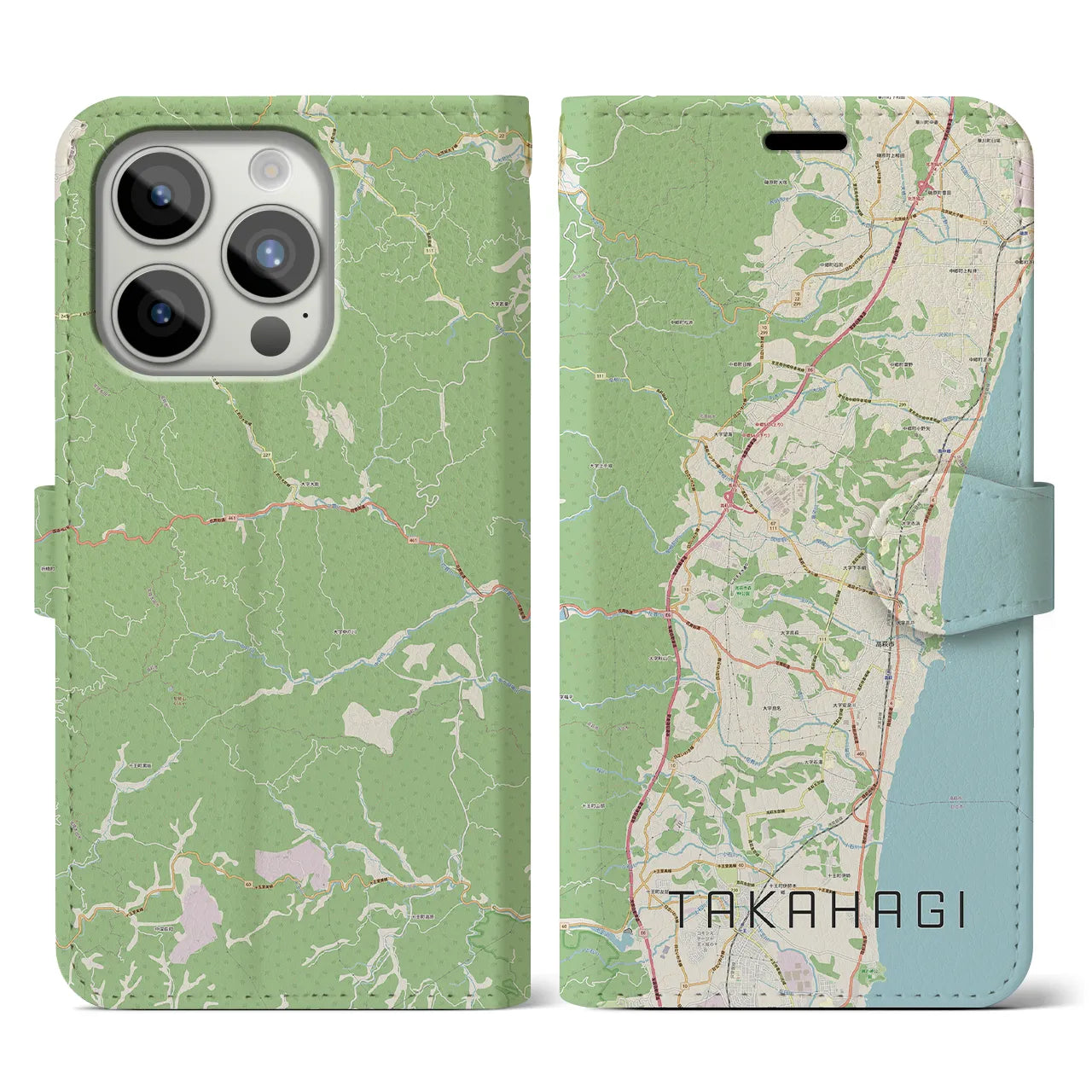 【高萩】地図柄iPhoneケース（手帳両面タイプ・ナチュラル）iPhone 15 Pro 用