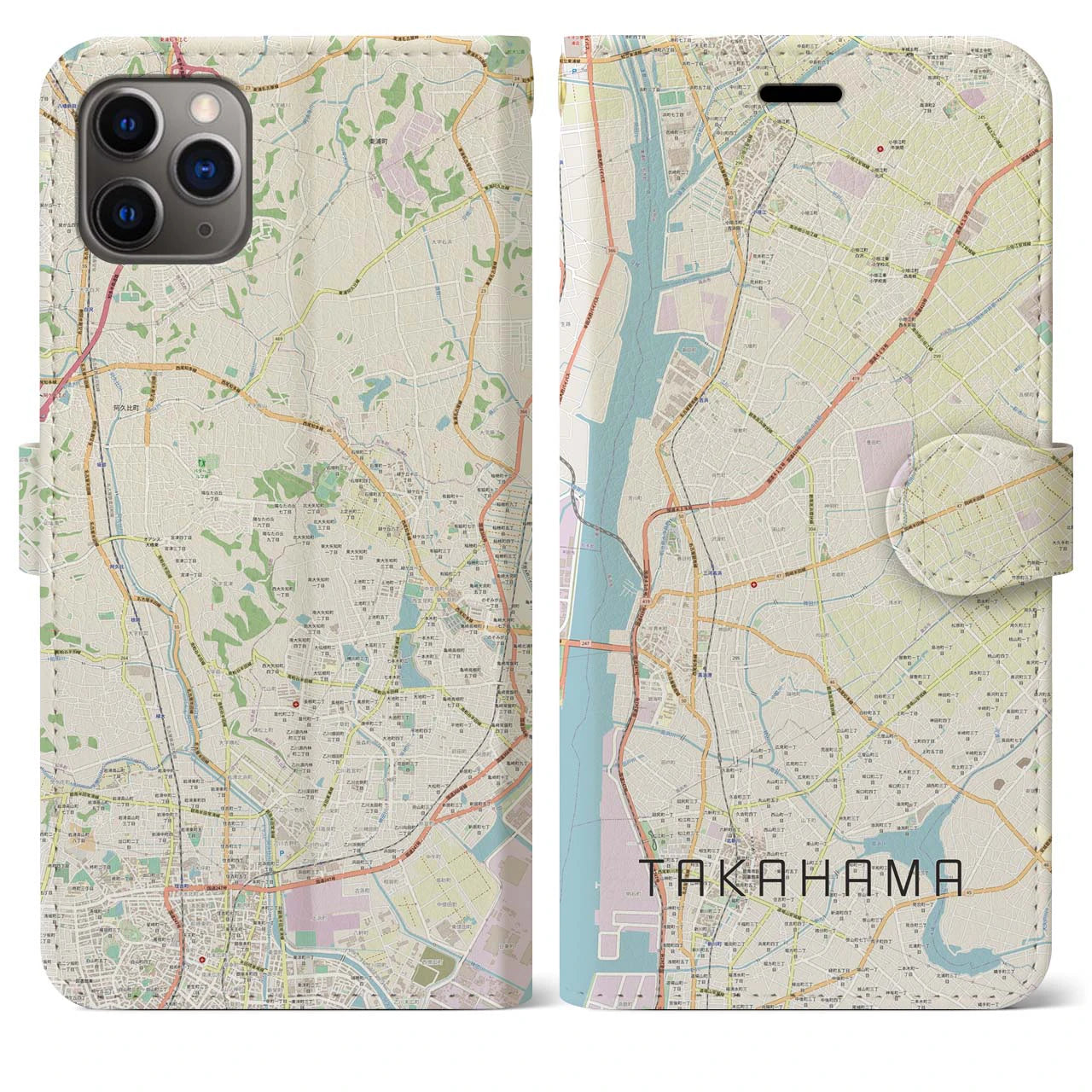 【高浜】地図柄iPhoneケース（手帳両面タイプ・ナチュラル）iPhone 11 Pro Max 用