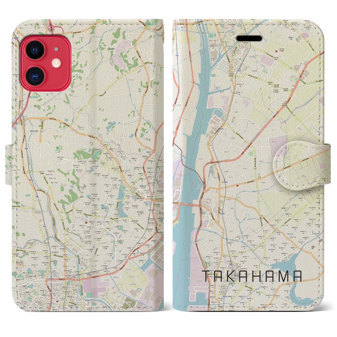 【高浜】地図柄iPhoneケース（手帳両面タイプ・ナチュラル）iPhone 11 用