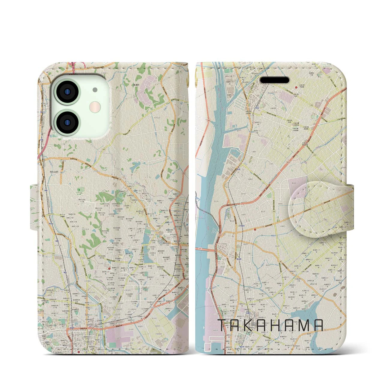 【高浜】地図柄iPhoneケース（手帳両面タイプ・ナチュラル）iPhone 12 mini 用