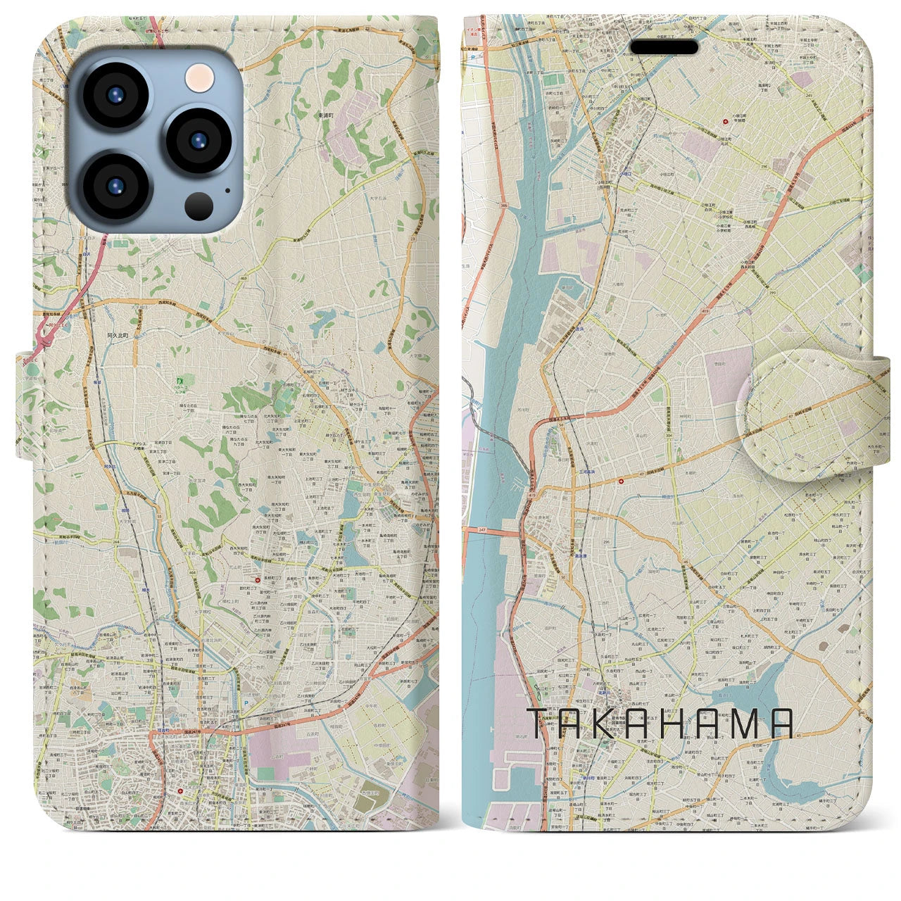 【高浜】地図柄iPhoneケース（手帳両面タイプ・ナチュラル）iPhone 13 Pro Max 用
