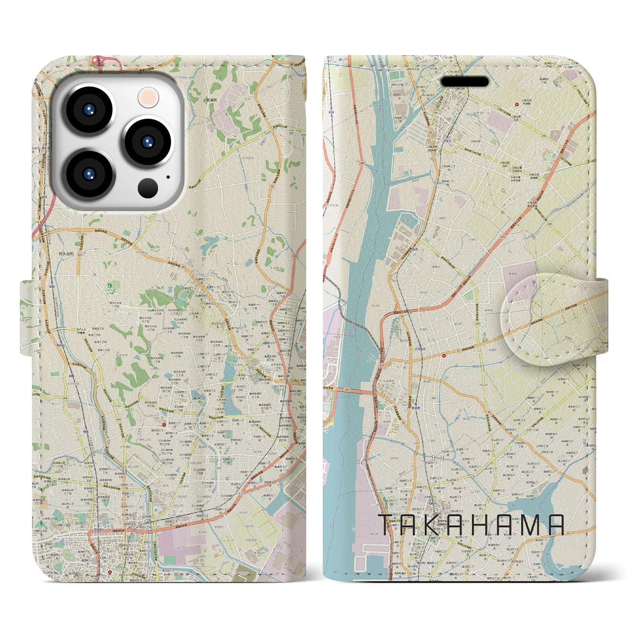 【高浜】地図柄iPhoneケース（手帳両面タイプ・ナチュラル）iPhone 13 Pro 用