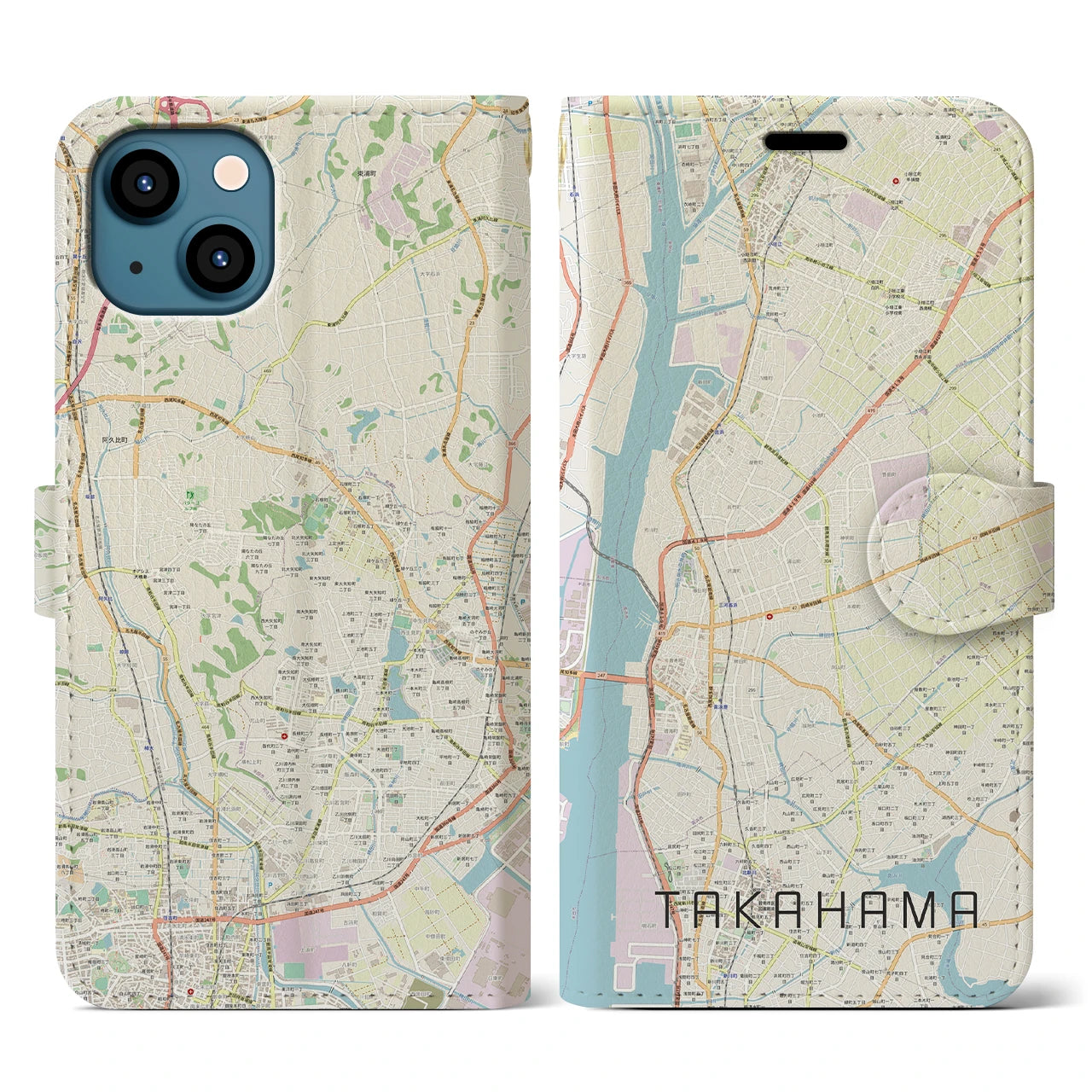 【高浜】地図柄iPhoneケース（手帳両面タイプ・ナチュラル）iPhone 13 用