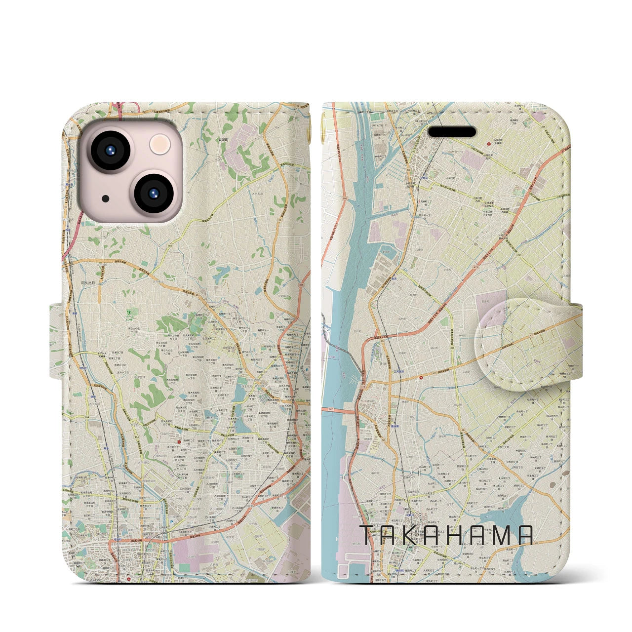 【高浜】地図柄iPhoneケース（手帳両面タイプ・ナチュラル）iPhone 13 mini 用