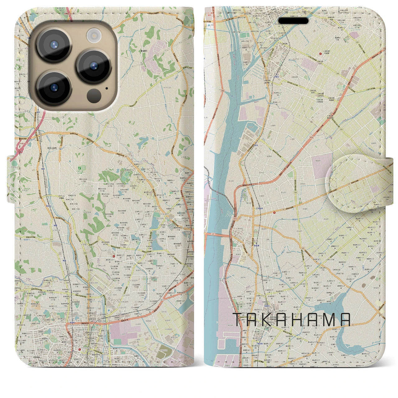 【高浜】地図柄iPhoneケース（手帳両面タイプ・ナチュラル）iPhone 14 Pro Max 用