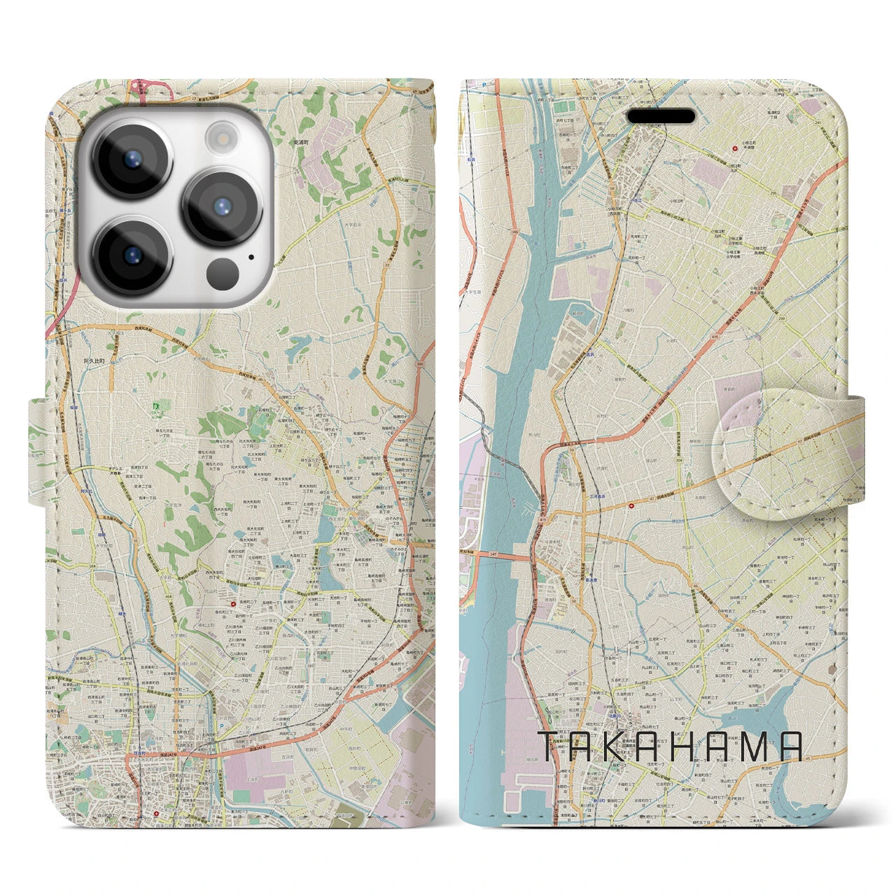 【高浜】地図柄iPhoneケース（手帳両面タイプ・ナチュラル）iPhone 14 Pro 用
