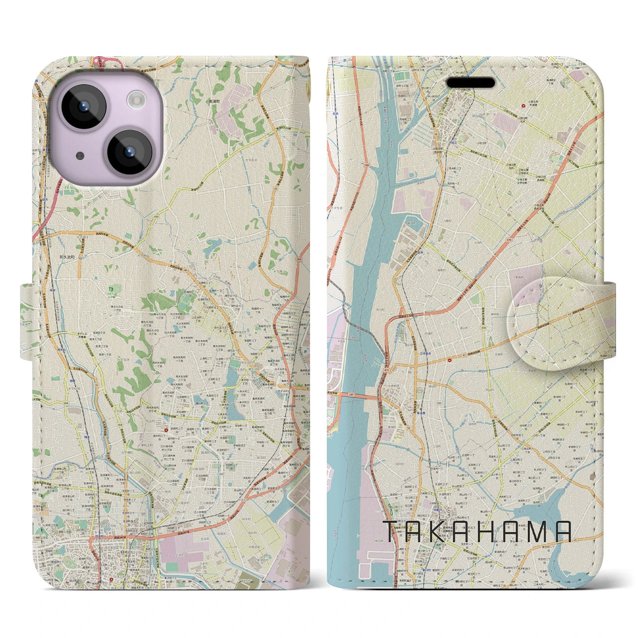 【高浜】地図柄iPhoneケース（手帳両面タイプ・ナチュラル）iPhone 14 用
