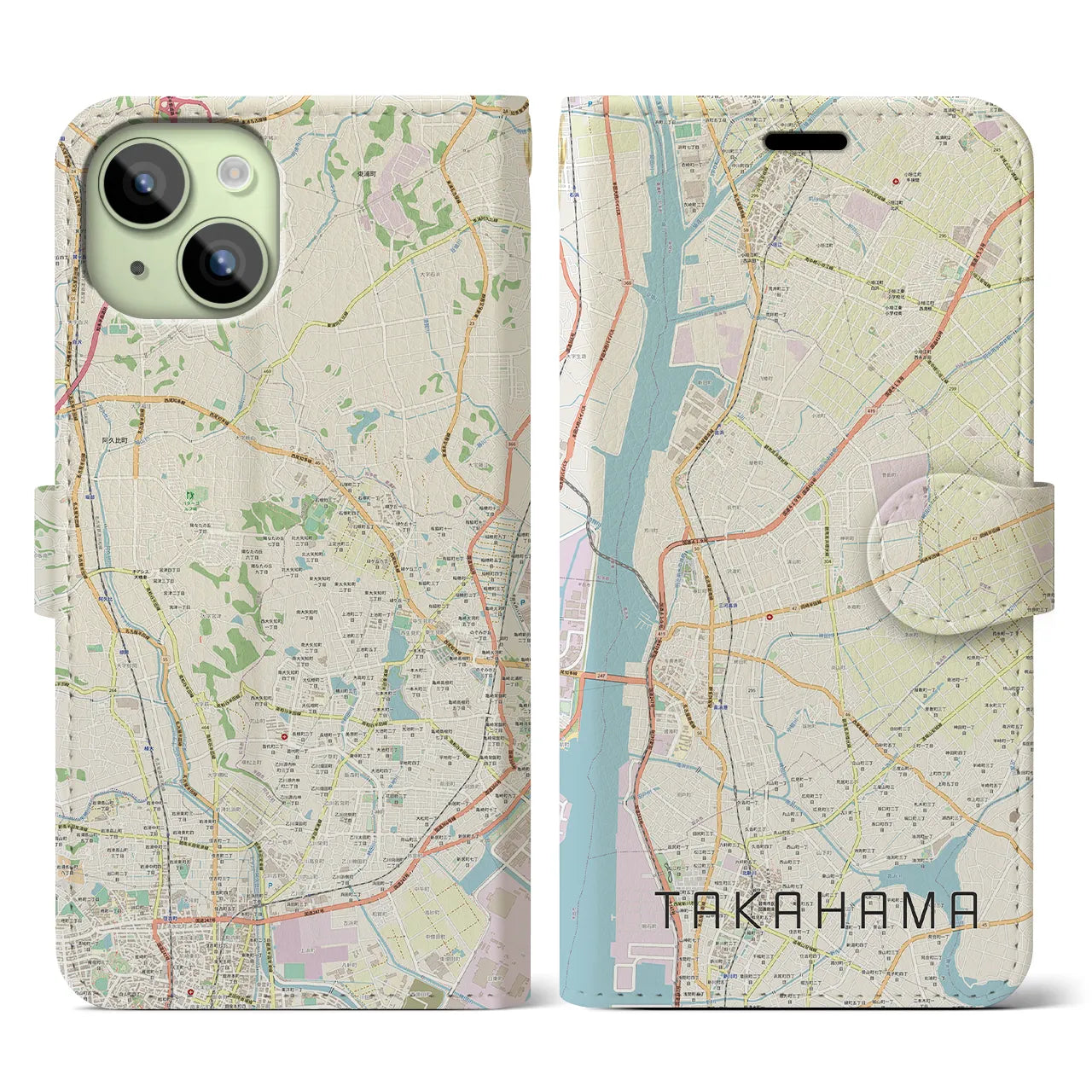 【高浜】地図柄iPhoneケース（手帳両面タイプ・ナチュラル）iPhone 15 用
