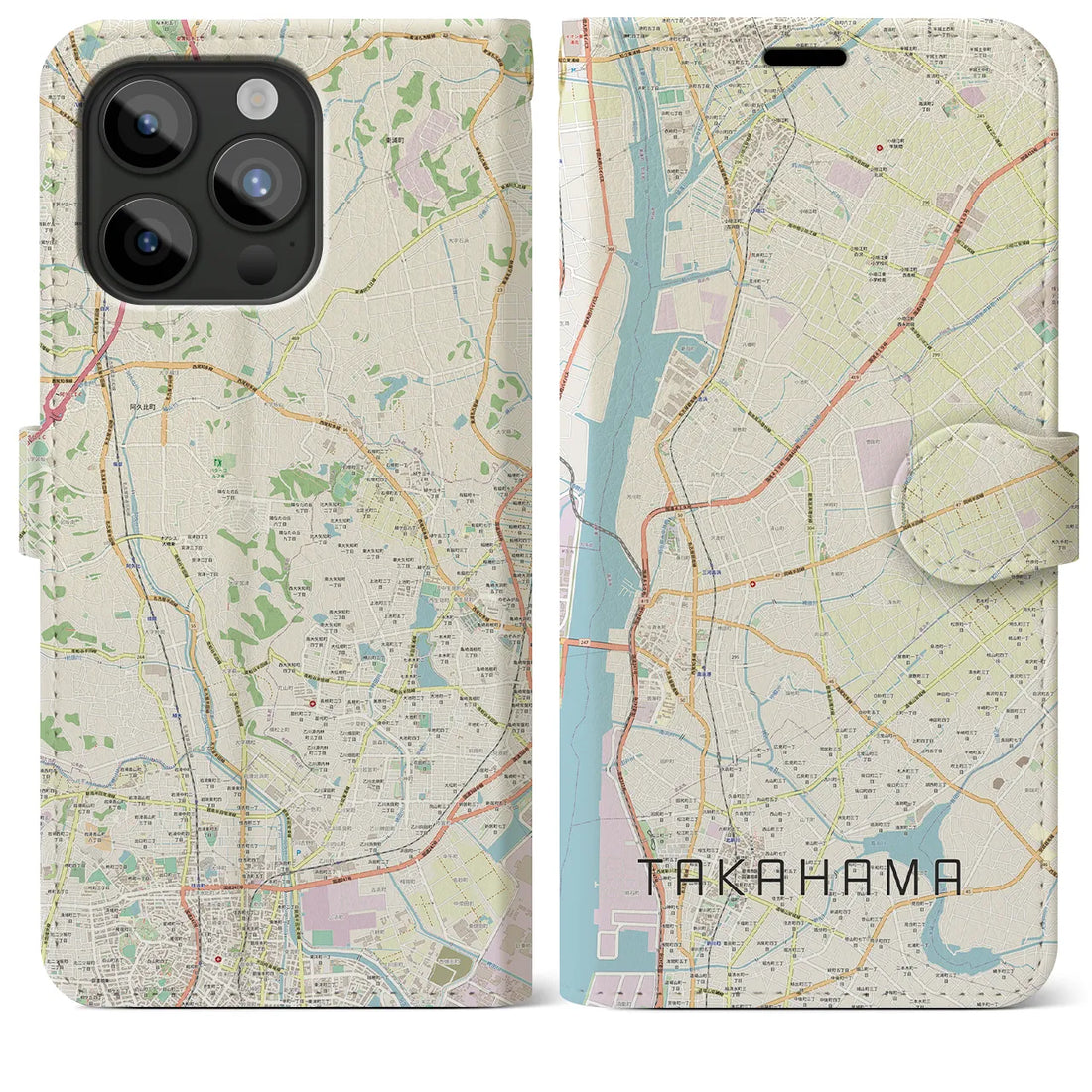 【高浜】地図柄iPhoneケース（手帳両面タイプ・ナチュラル）iPhone 15 Pro Max 用