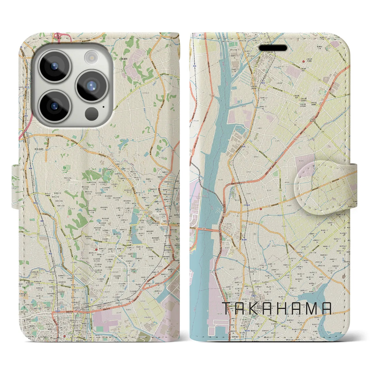 【高浜】地図柄iPhoneケース（手帳両面タイプ・ナチュラル）iPhone 15 Pro 用