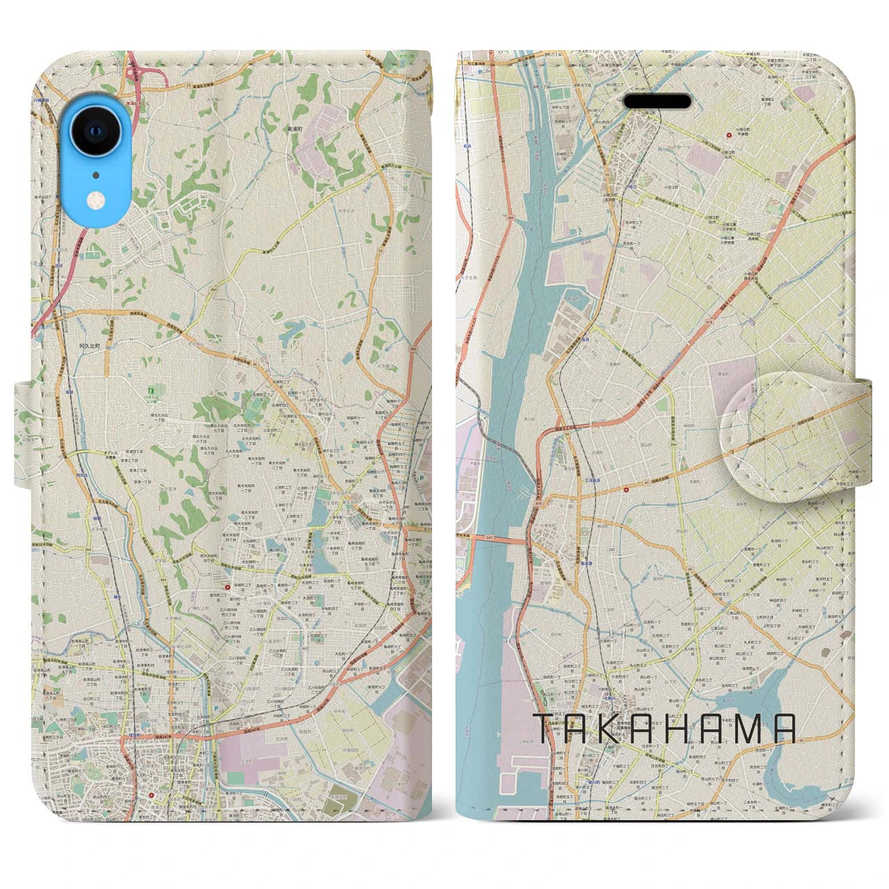 【高浜】地図柄iPhoneケース（手帳両面タイプ・ナチュラル）iPhone XR 用