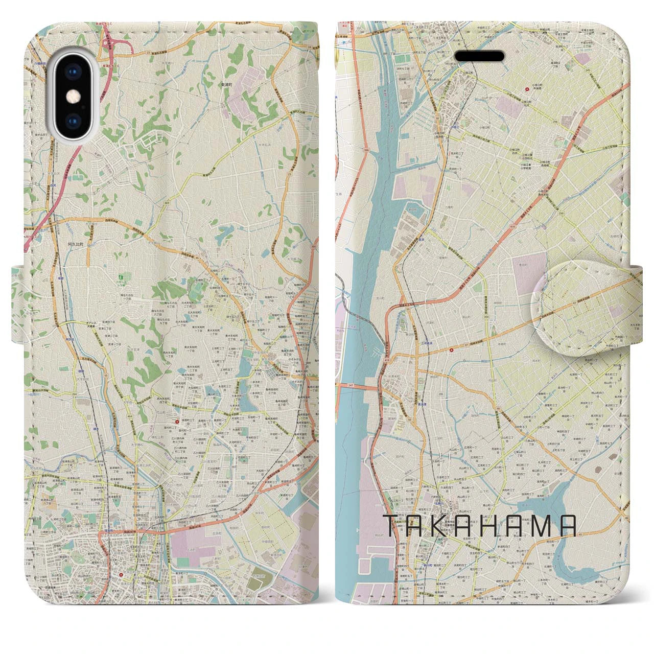 【高浜】地図柄iPhoneケース（手帳両面タイプ・ナチュラル）iPhone XS Max 用