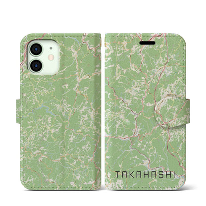 【高梁（岡山県）】地図柄iPhoneケース（手帳タイプ）ナチュラル・iPhone 12 mini 用