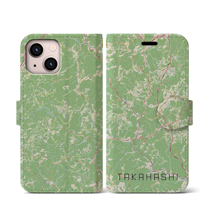 【高梁（岡山県）】地図柄iPhoneケース（手帳タイプ）ナチュラル・iPhone 13 mini 用