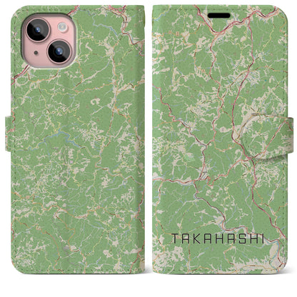 【高梁（岡山県）】地図柄iPhoneケース（手帳タイプ）ナチュラル・iPhone 15 Plus 用