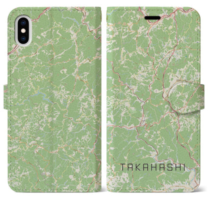 【高梁（岡山県）】地図柄iPhoneケース（手帳タイプ）ナチュラル・iPhone XS Max 用