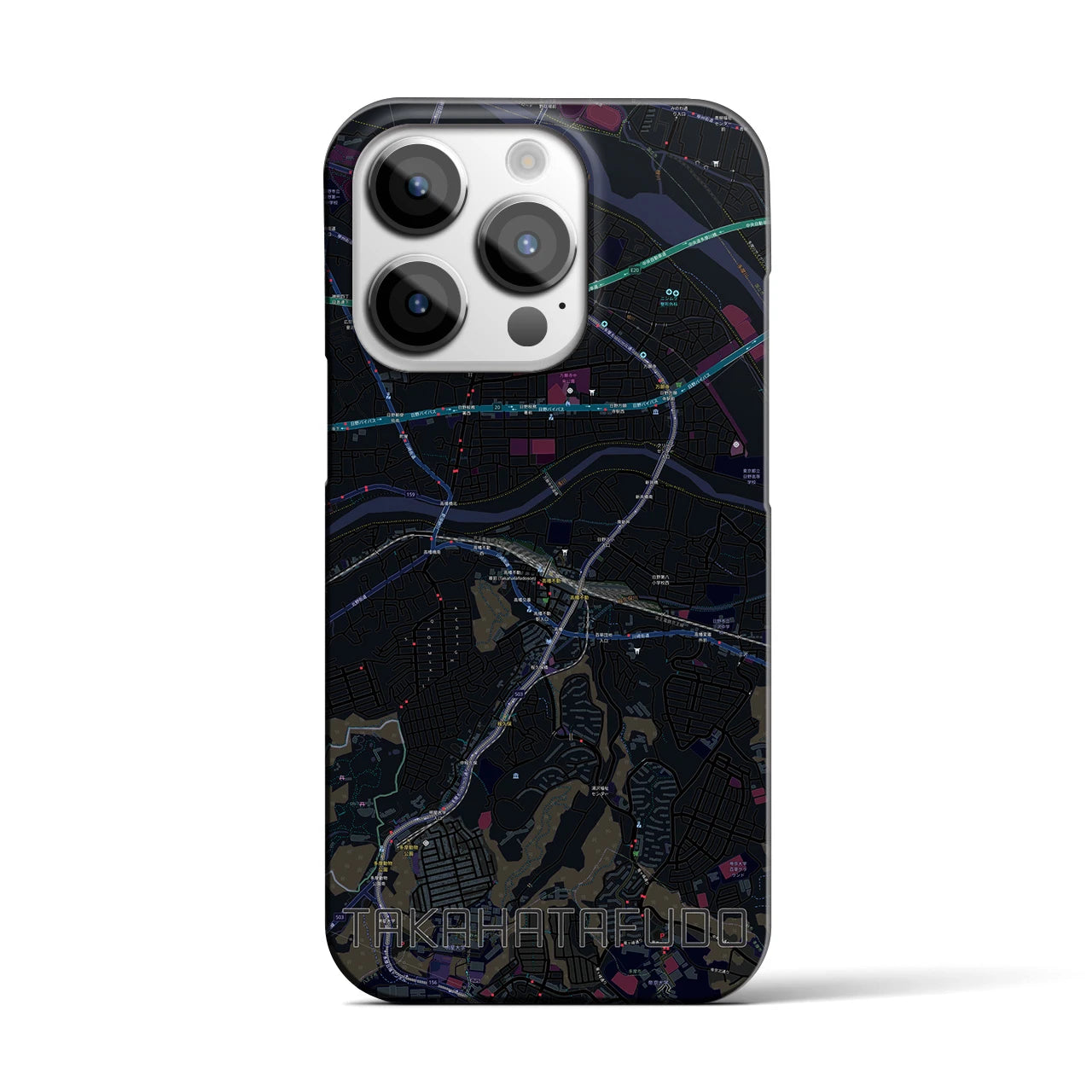 【高幡不動】地図柄iPhoneケース（バックカバータイプ・ブラック）iPhone 14 Pro 用