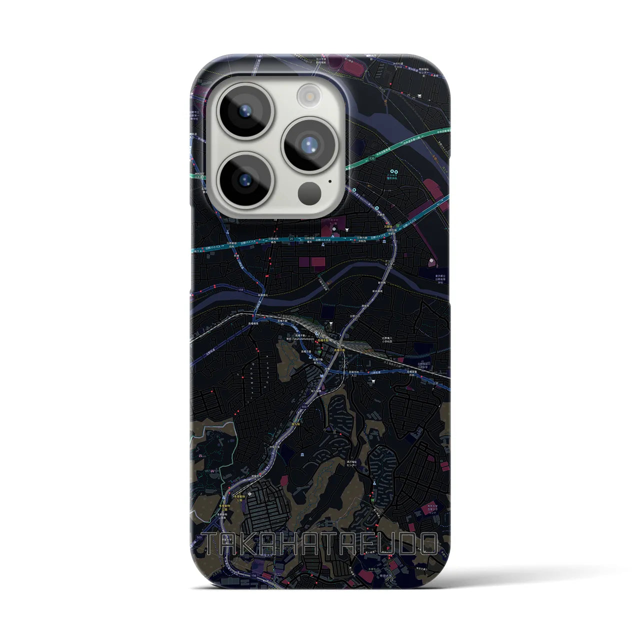 【高幡不動】地図柄iPhoneケース（バックカバータイプ・ブラック）iPhone 15 Pro 用