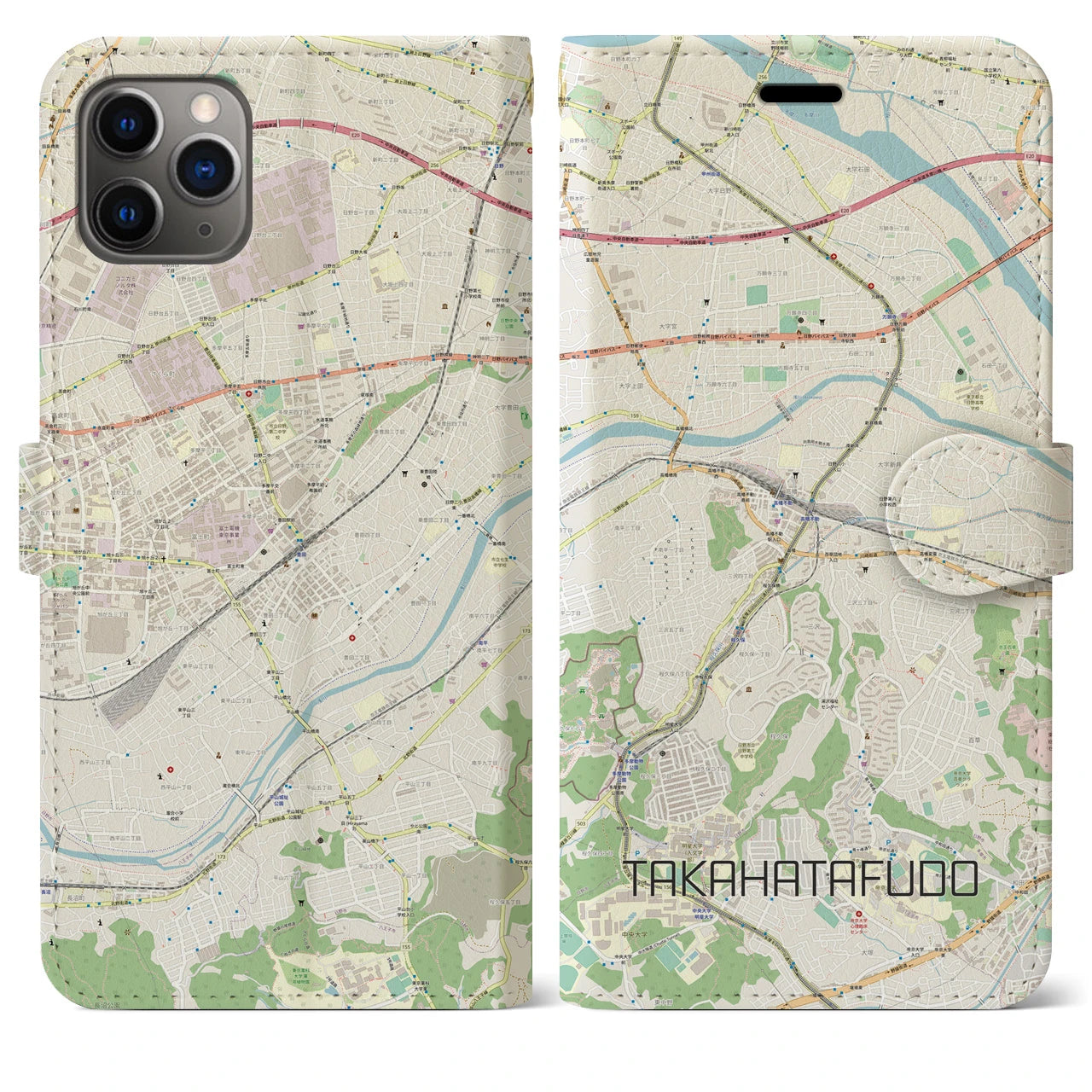 【高幡不動】地図柄iPhoneケース（手帳両面タイプ・ナチュラル）iPhone 11 Pro Max 用