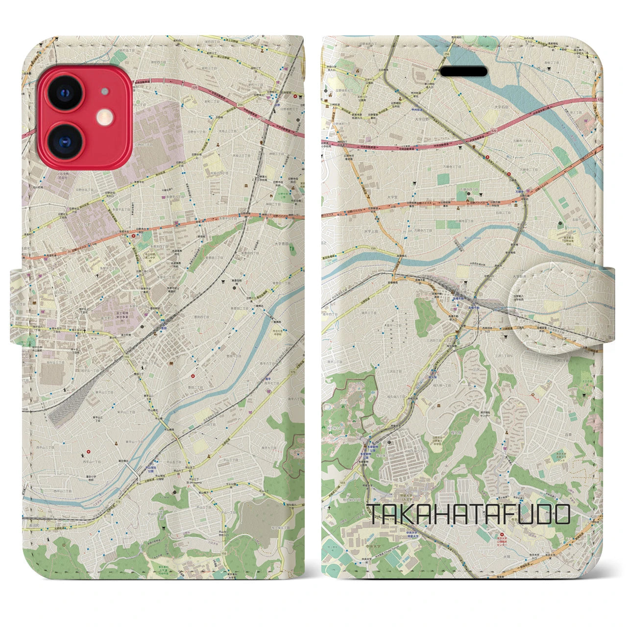 【高幡不動】地図柄iPhoneケース（手帳両面タイプ・ナチュラル）iPhone 11 用