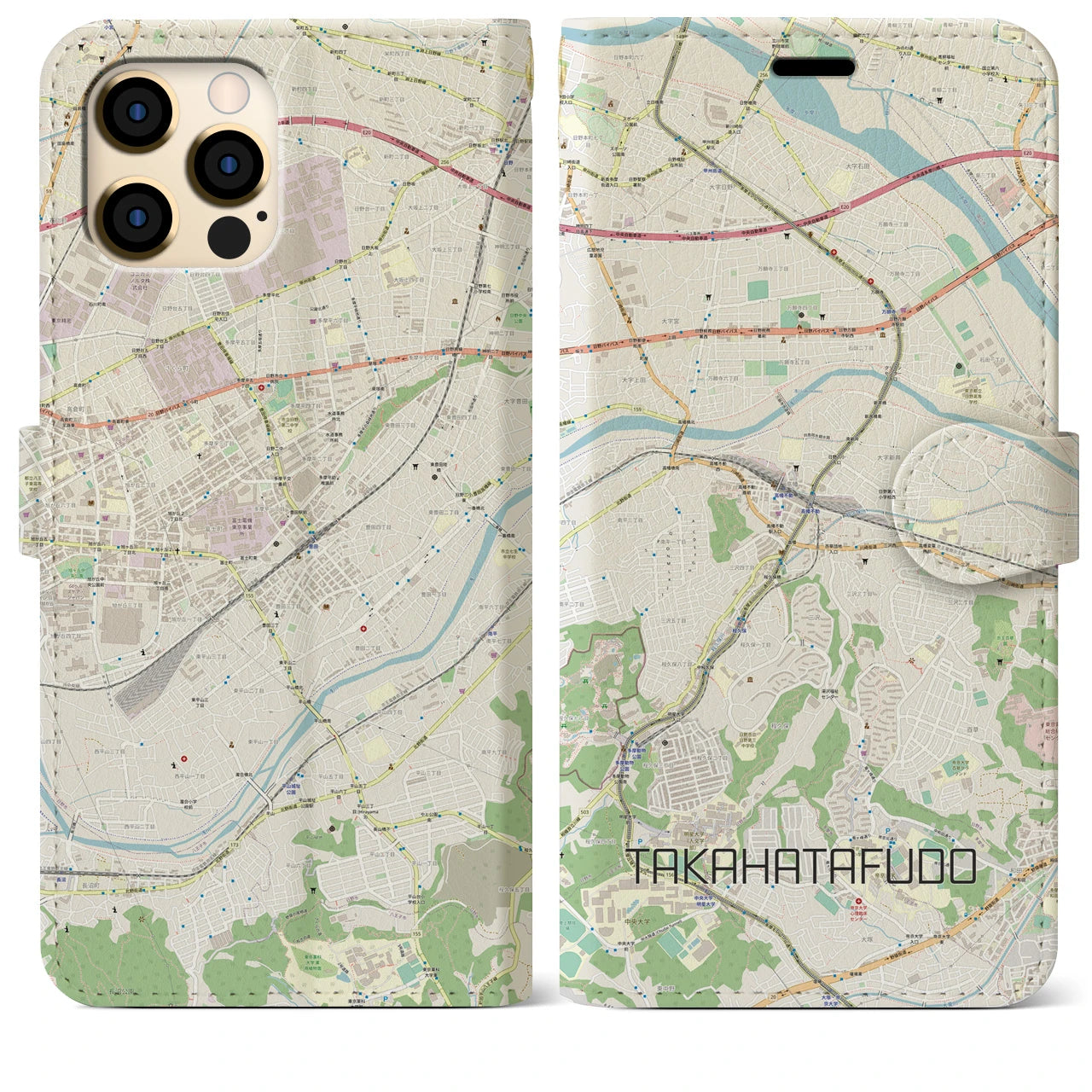 【高幡不動】地図柄iPhoneケース（手帳両面タイプ・ナチュラル）iPhone 12 Pro Max 用