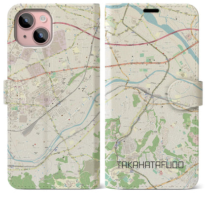 【高幡不動（東京都）】地図柄iPhoneケース（手帳タイプ）ナチュラル・iPhone 15 Plus 用