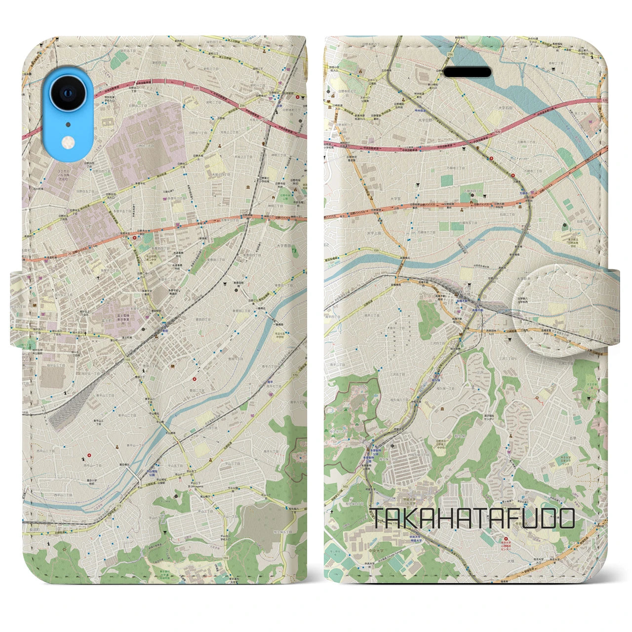 【高幡不動】地図柄iPhoneケース（手帳両面タイプ・ナチュラル）iPhone XR 用