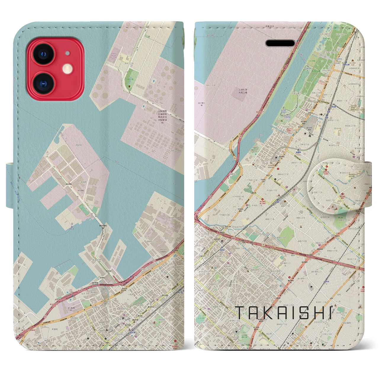 【高石】地図柄iPhoneケース（手帳両面タイプ・ナチュラル）iPhone 11 用