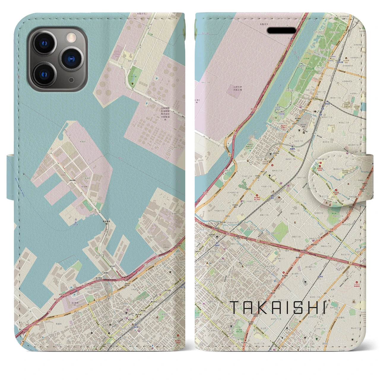 【高石】地図柄iPhoneケース（手帳両面タイプ・ナチュラル）iPhone 11 Pro Max 用