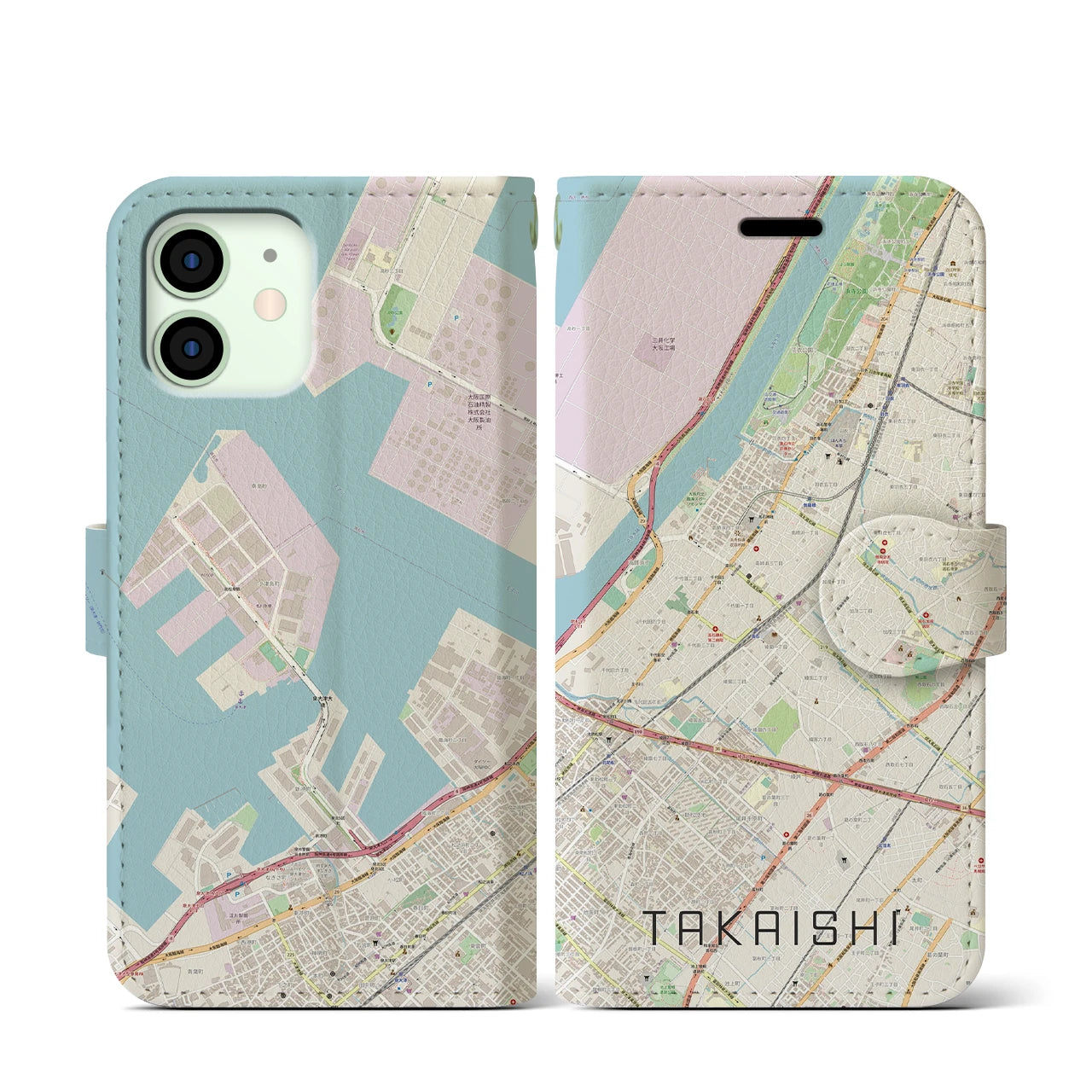 【高石】地図柄iPhoneケース（手帳両面タイプ・ナチュラル）iPhone 12 mini 用