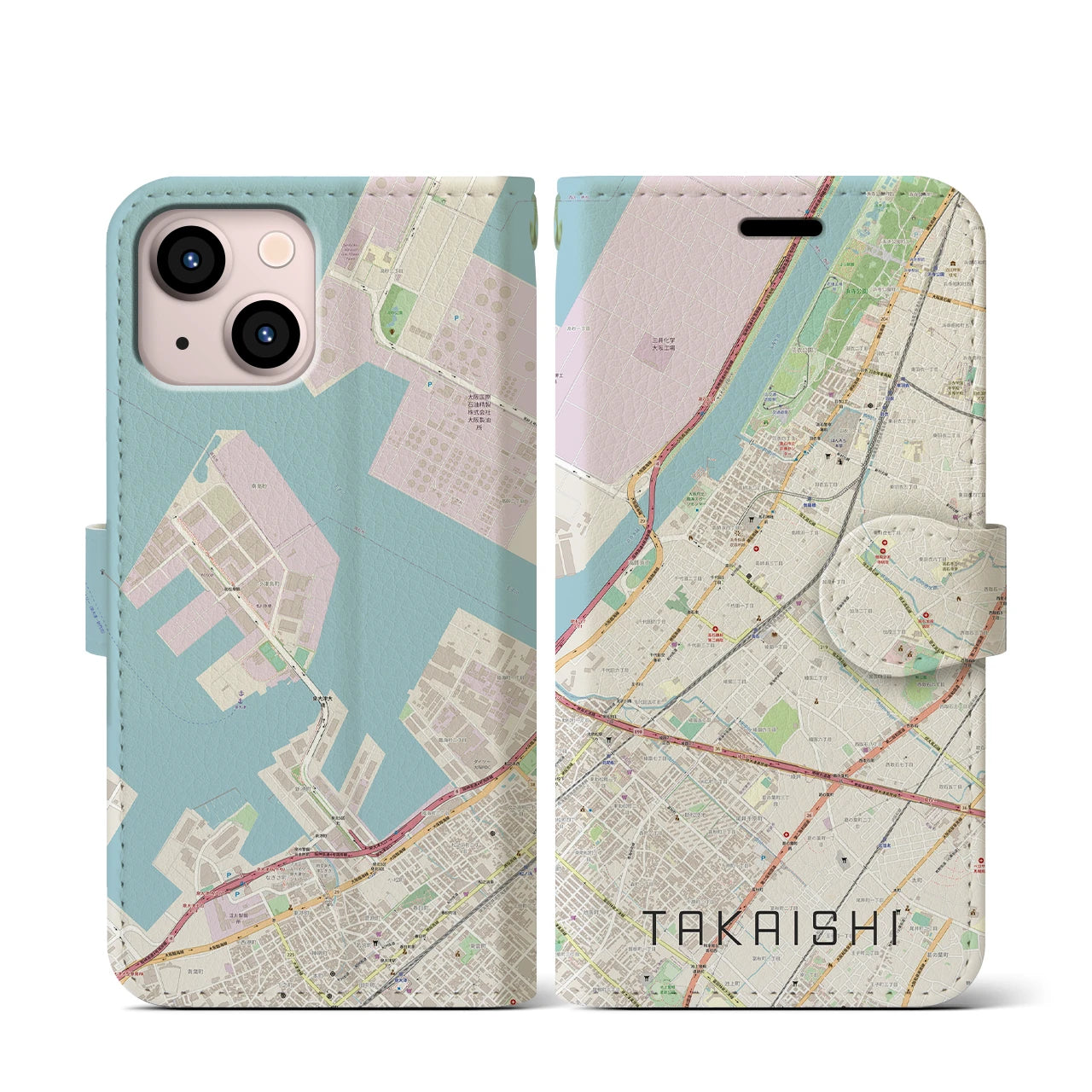 【高石】地図柄iPhoneケース（手帳両面タイプ・ナチュラル）iPhone 13 mini 用