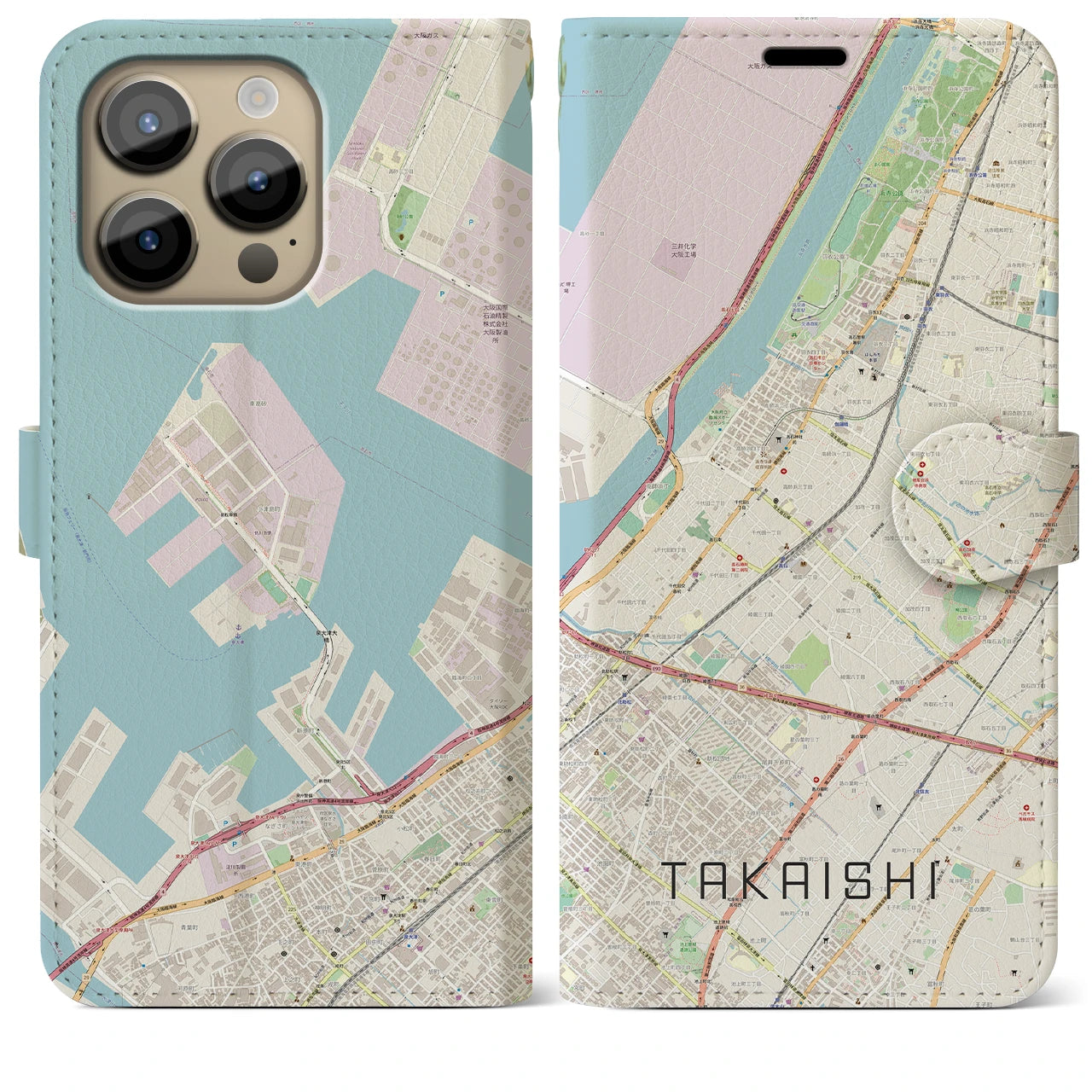【高石】地図柄iPhoneケース（手帳両面タイプ・ナチュラル）iPhone 14 Pro Max 用