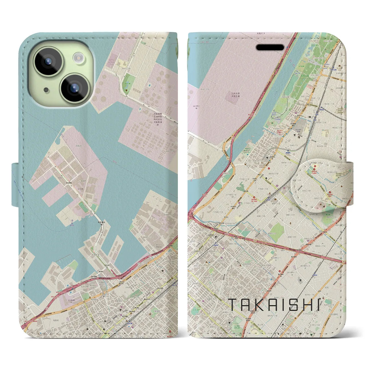 【高石】地図柄iPhoneケース（手帳両面タイプ・ナチュラル）iPhone 15 用