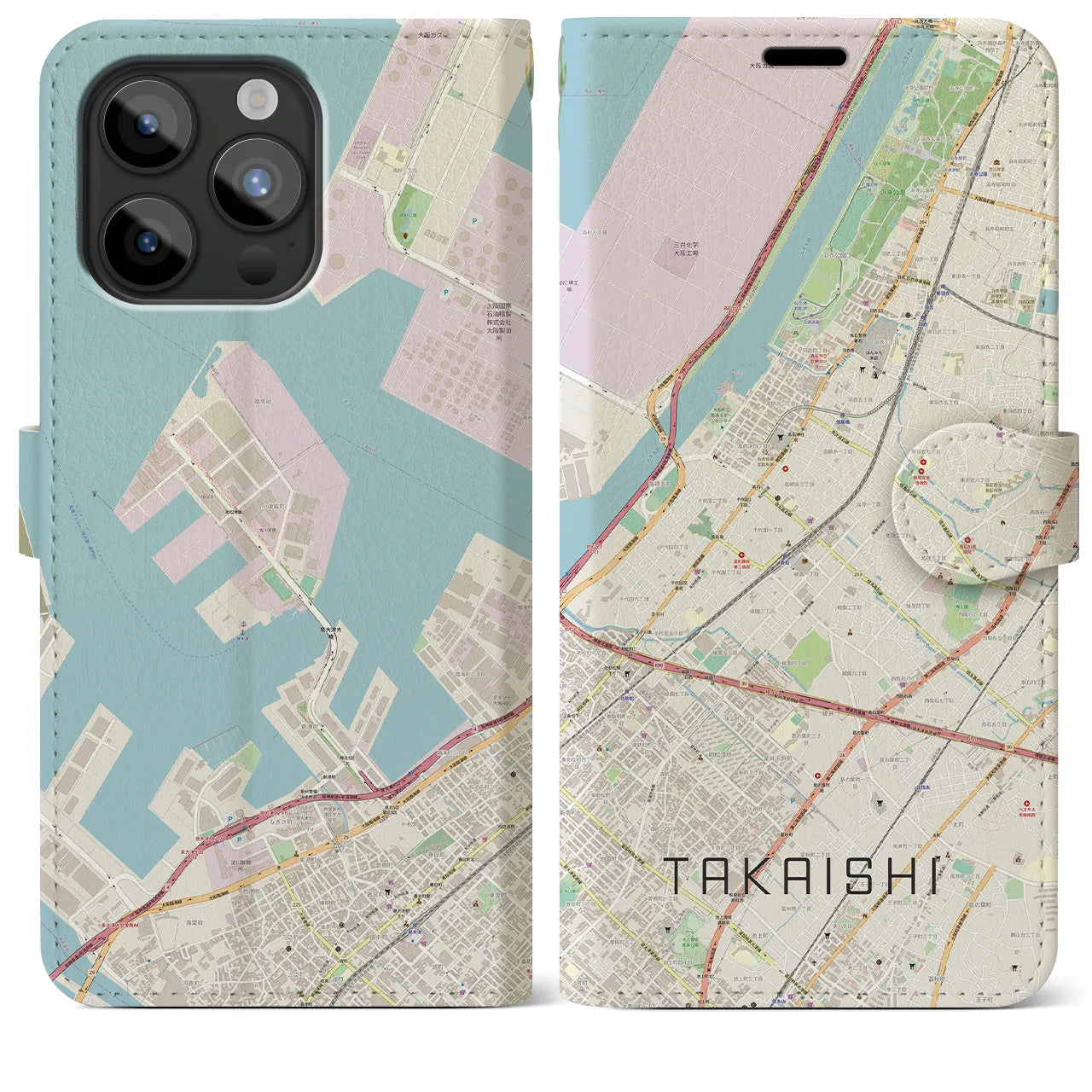 【高石】地図柄iPhoneケース（手帳両面タイプ・ナチュラル）iPhone 15 Pro Max 用